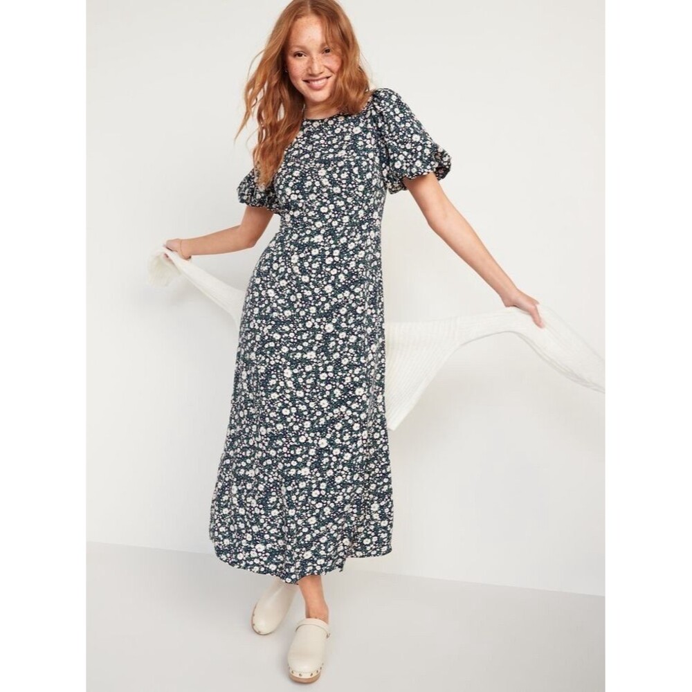 Old Navy Puffed Sleeve Floral Maxi Shift Dress Open Back Slit Sz L